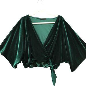 Fore Velvet Crop Top Womens S Jewel Green V-Neck Faux Wrap Dolman Short Sleeve